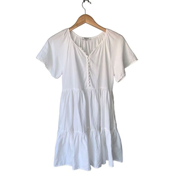 Madewell White Linen-Blend Flutter-Sleeve Tiered Mini Dress - Picture 5 of 14